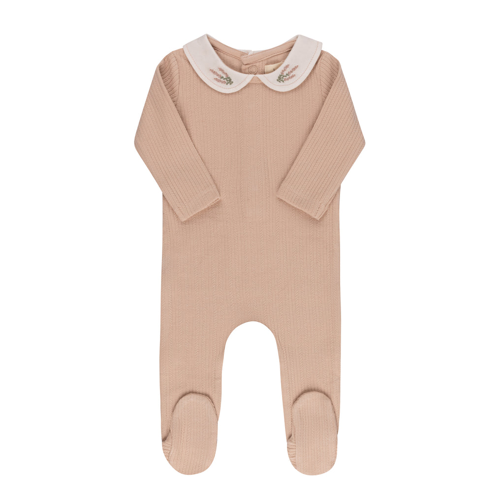 Elys Embroidered Collar Footie + Bonnet - Pink Heather