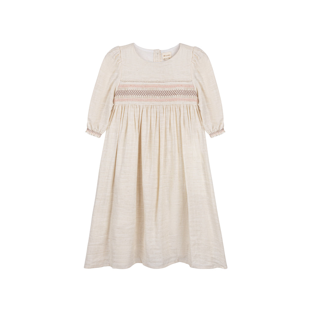 Looms 3/4 Sleeve Smocked Linen Dress - Natural