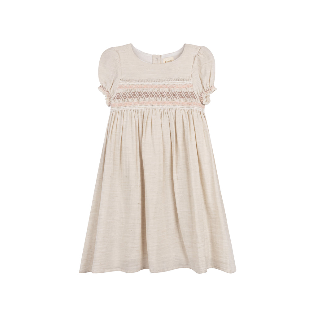 Looms Short Sleeves Smocked Linen Dress - Natural