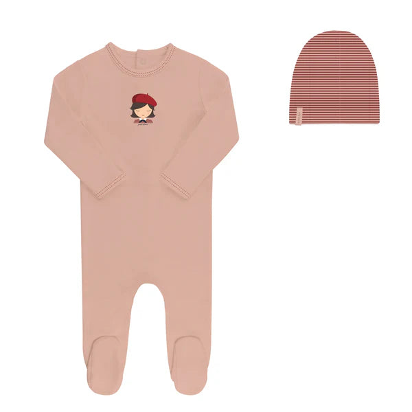 Elys Terry French Girl Footie Including Beanie- Pink