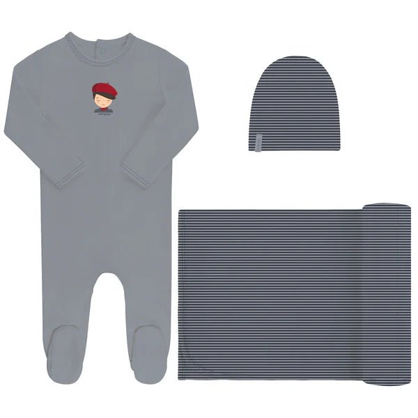 Elys Terry French Boy Footie 3 Piece Set- Blue