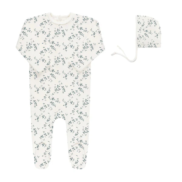 Elys Velour Vine Pattern Footie With Bonnet-Blue On Ivory