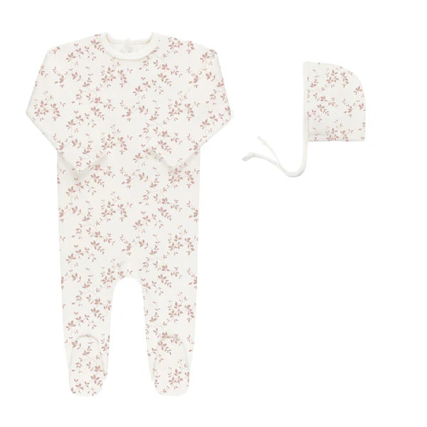 Elys Velour Vine Pattern Footie With Bonnet-Pink On Ivory