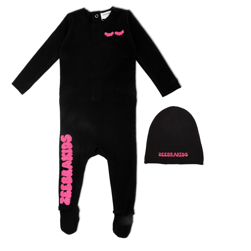 Zeebra Text Footie w Beanie- Hot Pink