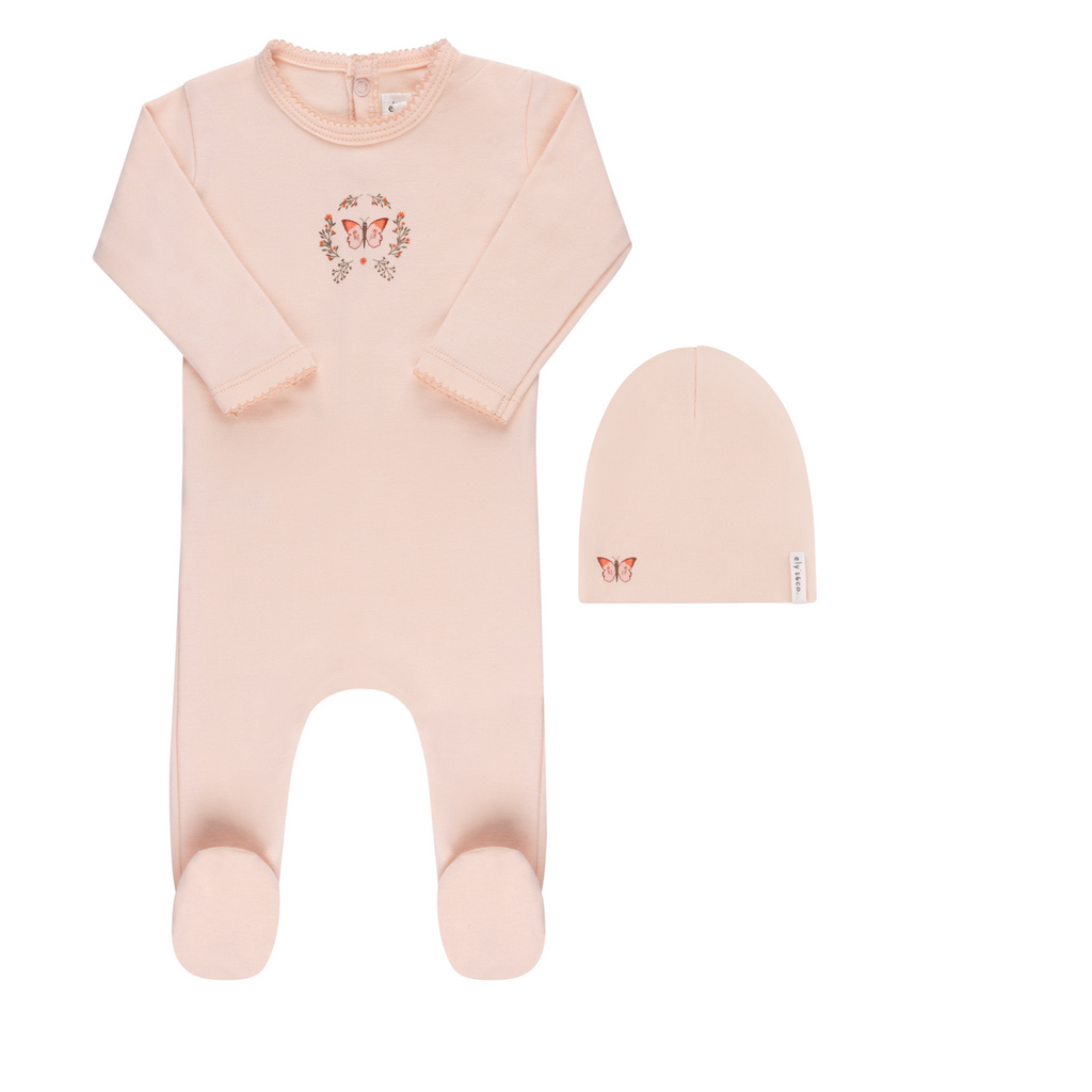 Elys Garden Floral Center Footie + Beanie -Pink