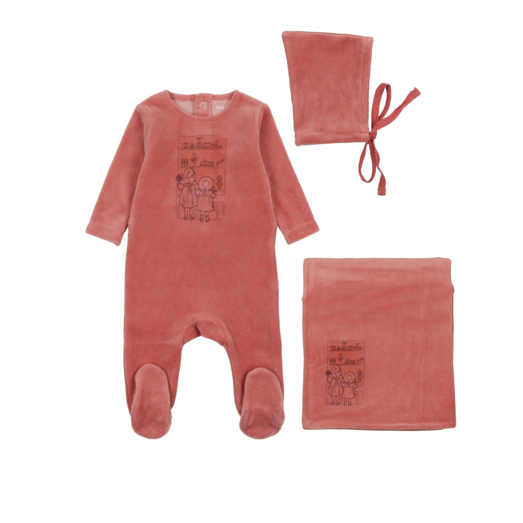 Bee & Dee Velour Window Footie/Bonnet Layette Set-Dark Rose