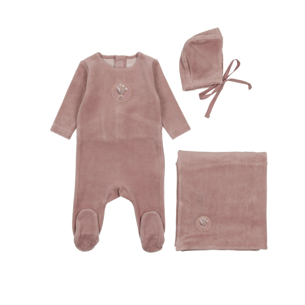 Bee & Dee Embroidered Center Embossed Footie/Bonnet Layette Set -Hushed Violet