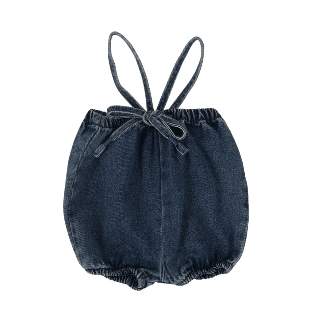 Lil Legs Denim Bubble Suspender Shorts-Blue Denim