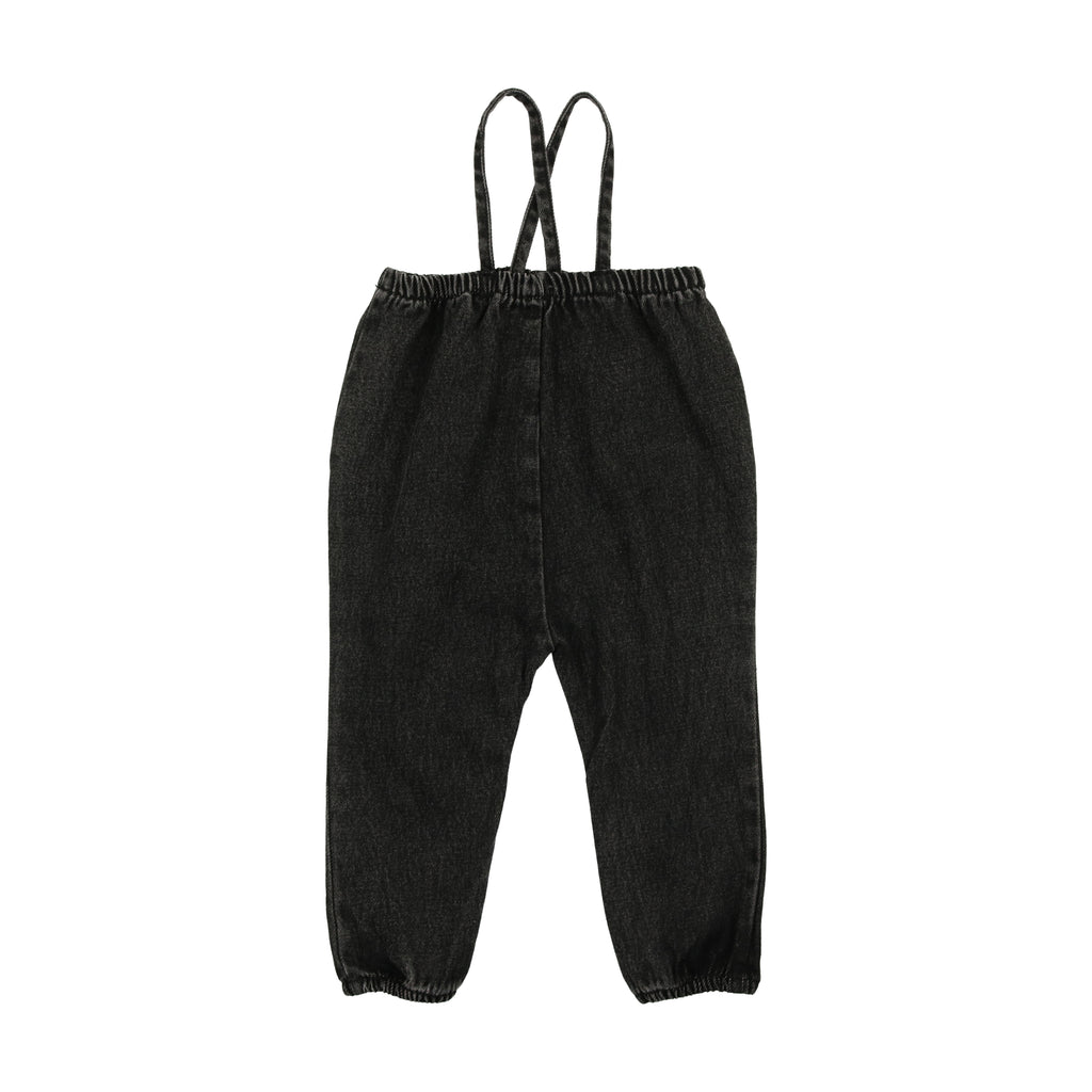 Lil Legs Denim Bow Suspender Romper- Black Denim