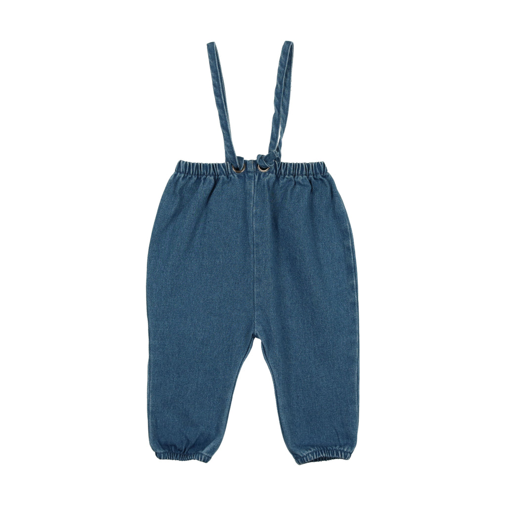 Lil Legs Denim Bow Suspender Romper- Blue Denim