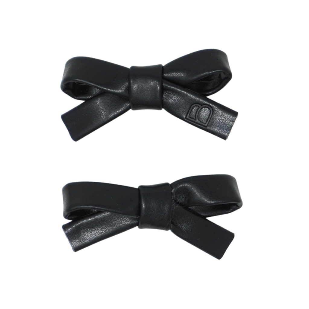 Bandeau Embossed Leather Mini Bow Clip Set-Black