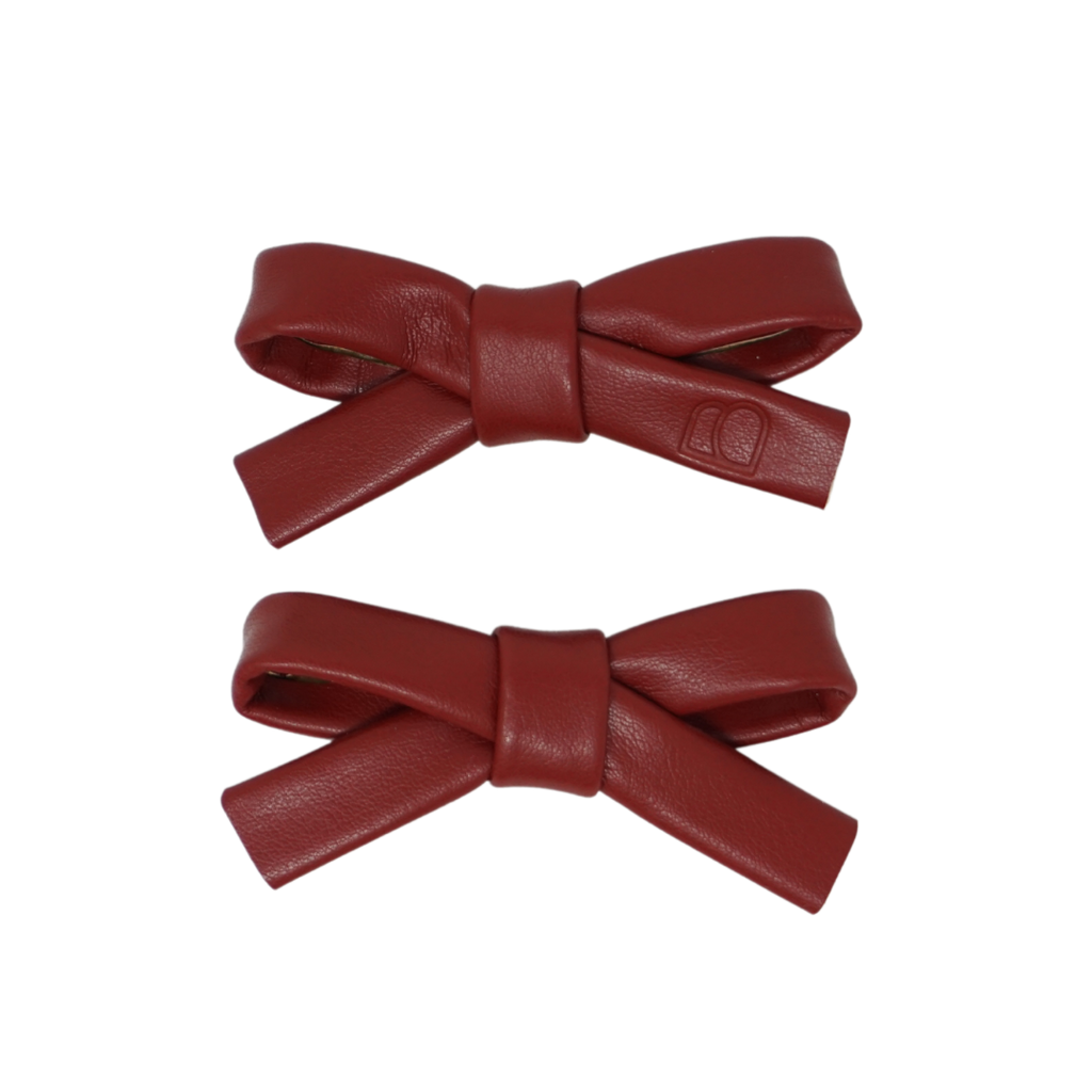 Bandeau Embossed Leather Mini Bow Clip Set-Burgundy