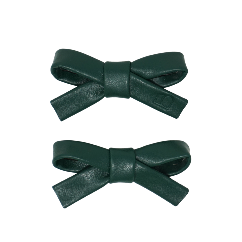 Bandeau Embossed Leather Mini Bow Clip Set-Green