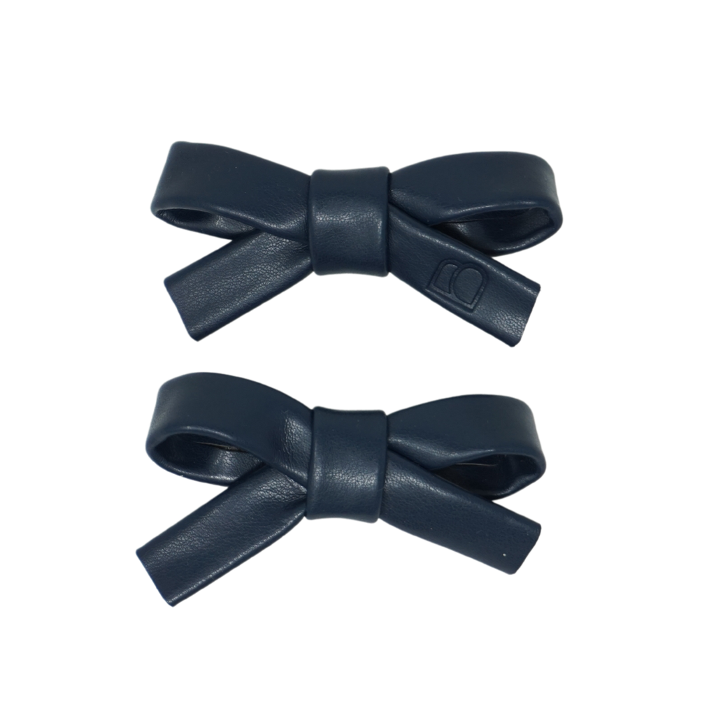 Bandeau Embossed Leather Mini Bow Clip Set-Navy