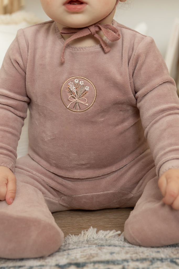 Bee & Dee Embroidered Center Embossed Footie/Bonnet Layette Set -Hushed Violet