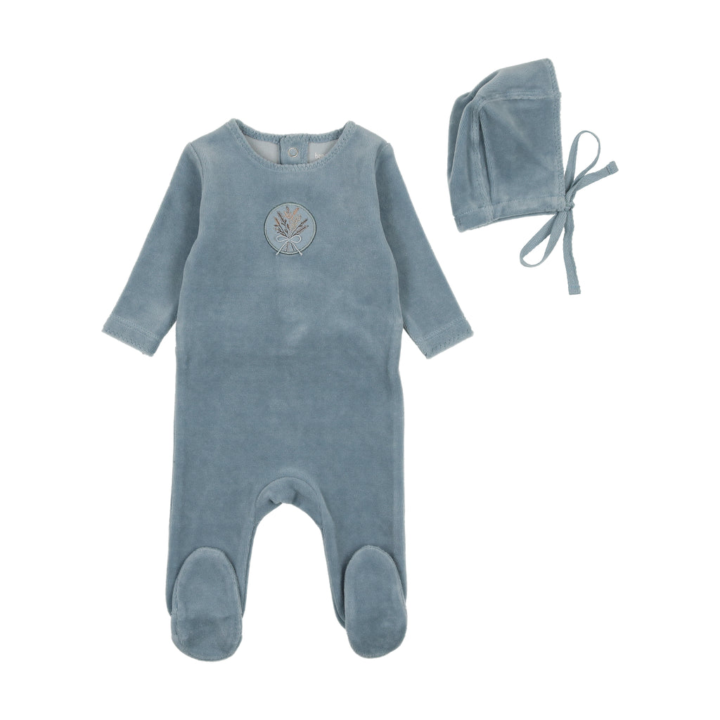 Bee & Dee Embroidered Center Embossed Footie/Bonnet-Blue Fog