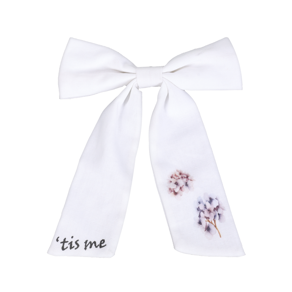 Tis Me Denim Handsketched Large Bow Clip- White Hydrangeas