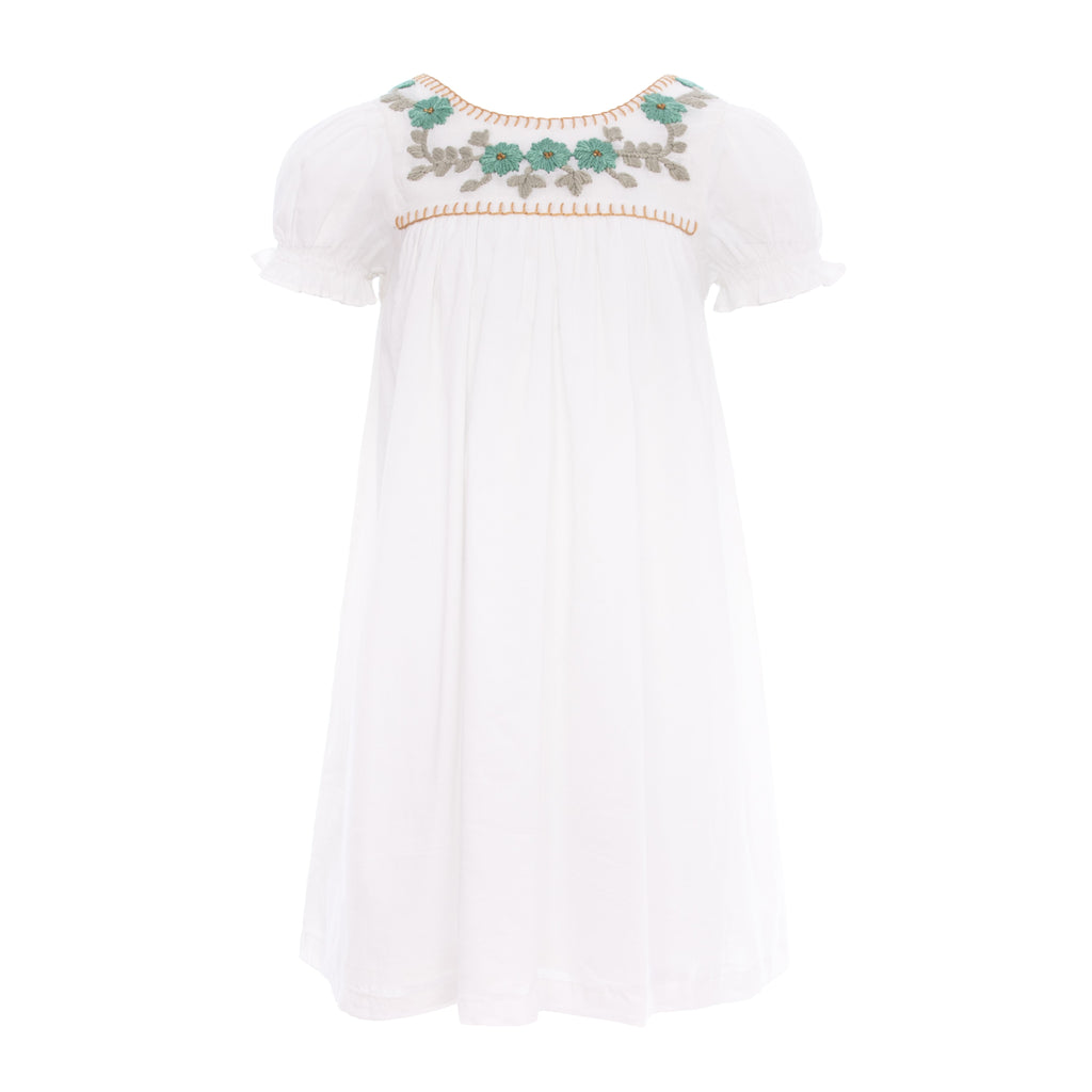 Pernille Embroidered Blue Flowers White Dress