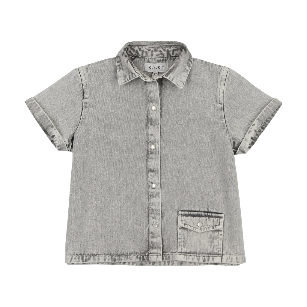 Kin + Kin Denim Boys V-Neck Collarshirt- Blue-Grey Denim