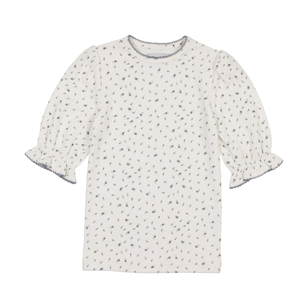 Kin + Kin Floral Puffed Sleeve Ribbed T-Shirt- Blue Floral