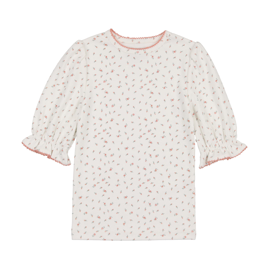 Kin + Kin Floral Puffed Sleeve Ribbed T-Shirt- Pink Floral