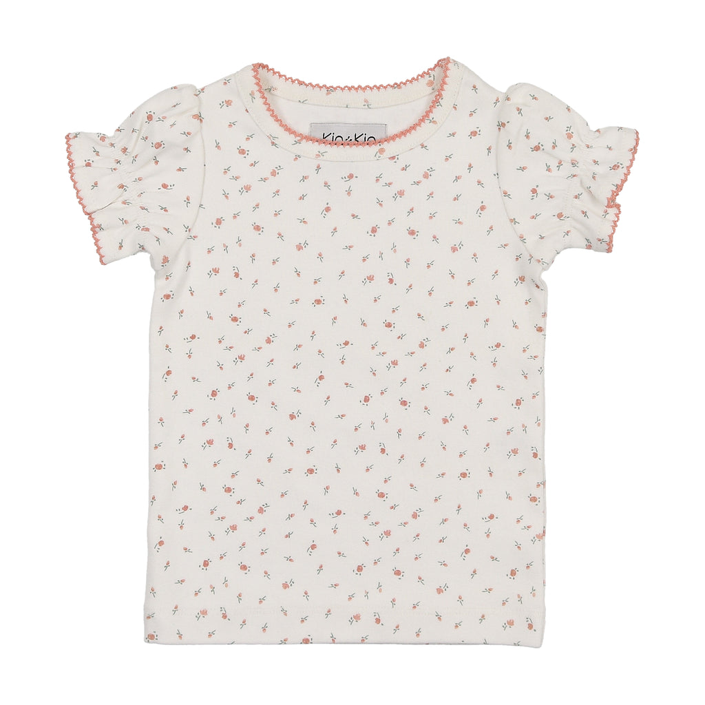 Kin+Kin Floral Puffed Short Sleeve Ribbed T-Shirt- Pink Floral