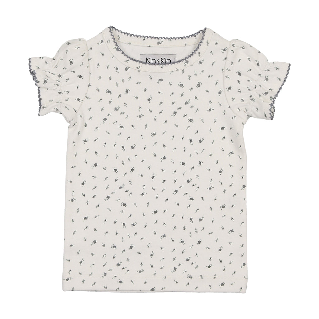 Kin+Kin Floral Puffed Short Sleeve Ribbed T-Shirt- Blue Floral