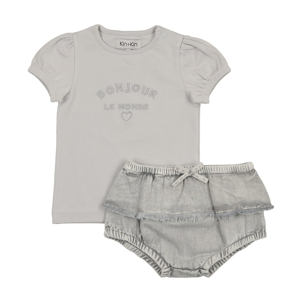 Kin + Kin Denim Baby Girl T-shirt +Bloomer Set- Blue-Grey Denim