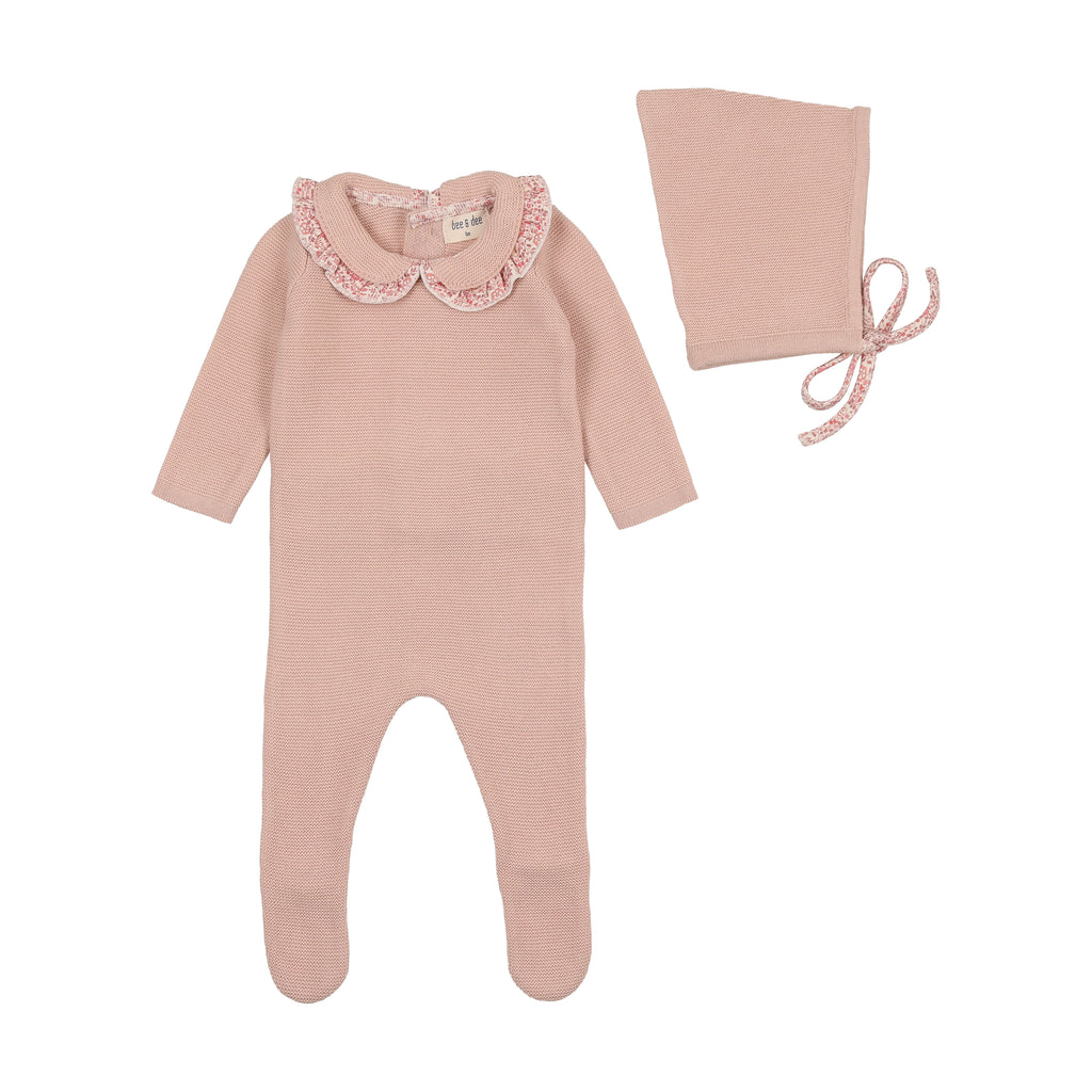 Bee & Dee Knit Ditsy Footie/Bonnet-Champagne Pink