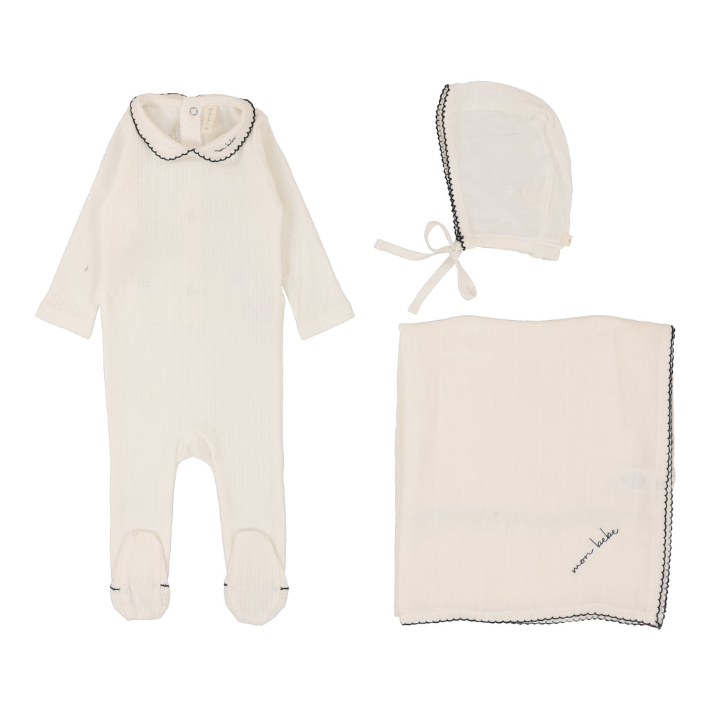 Lilette Edged Collar Layette Footie Set-Winter White/Navy