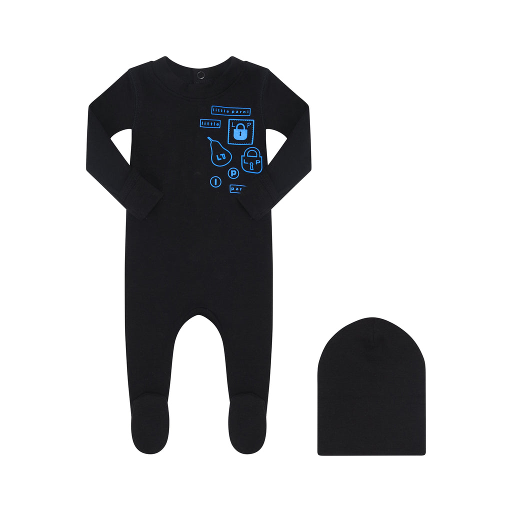 Little Parni Multi Patch Footie-Black/Blue Patch