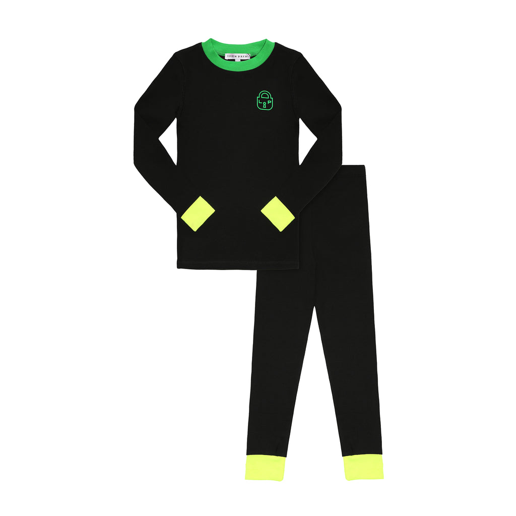 Little Parni Heartlock Neon Cuff Pajamas- Black/Green