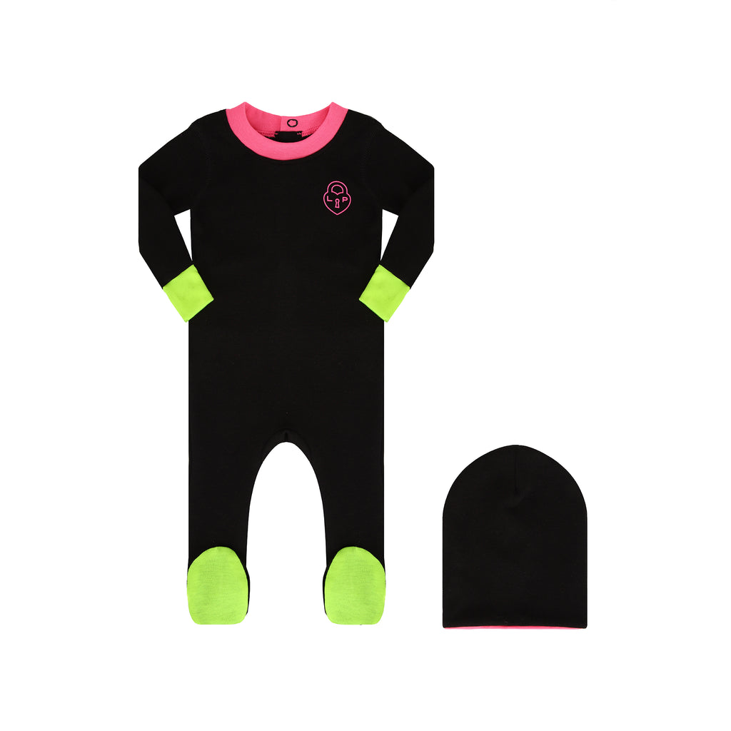 Little Parni Heartlock Neon Cuff Footie- Black/Pink