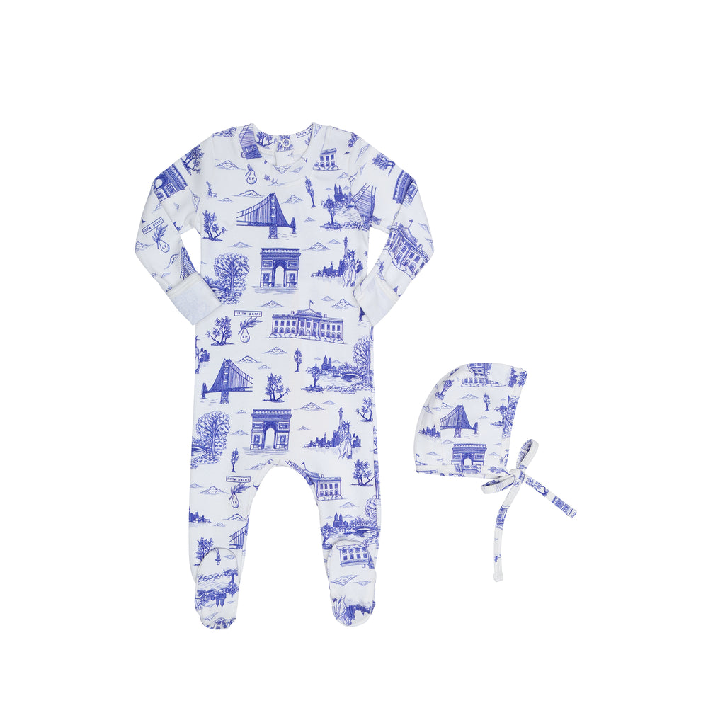 Little Parni Toile Footie- Ivory/Blue