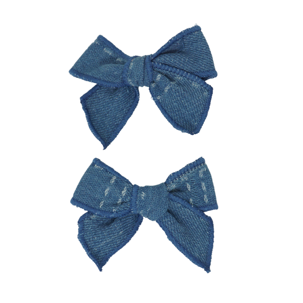 Bandeau Patchwork Denim Bow Clip Set- Solid Denim