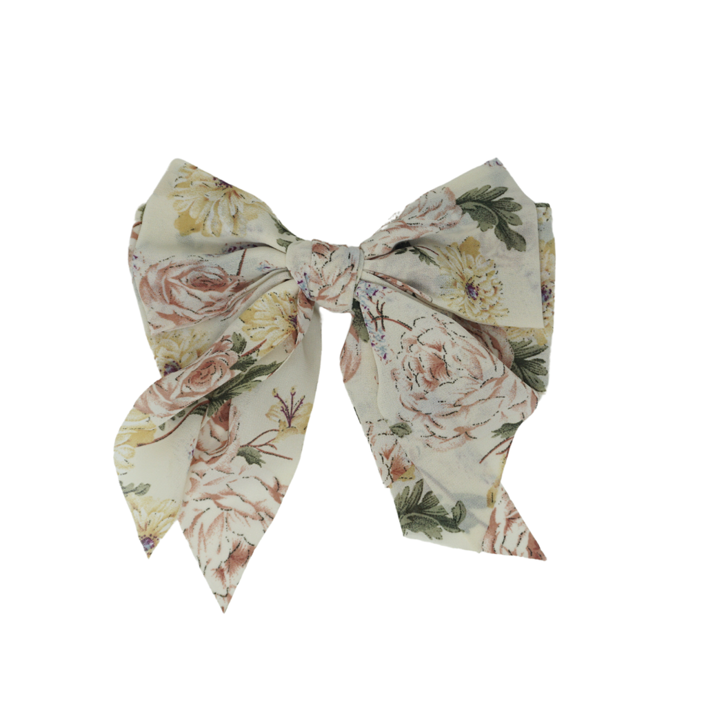 Bandeau Printed Large Floppy Style Bow Clip- Cream Floral