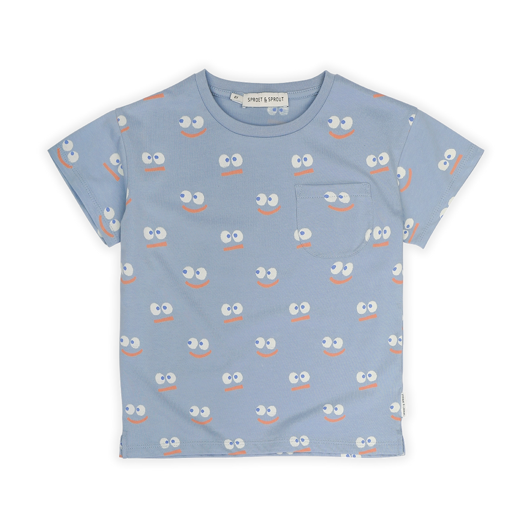 Sproet Smiley Print Pocket T-shirt- Misty Blue