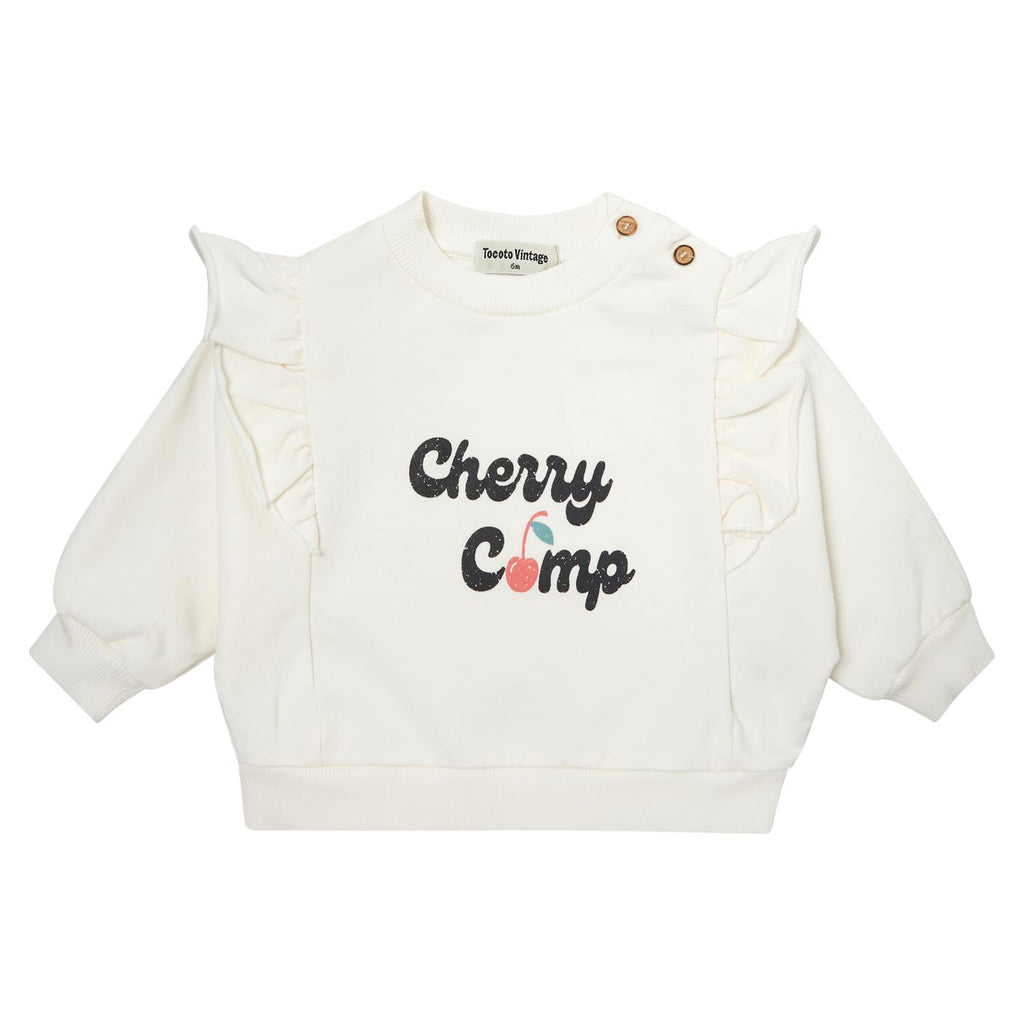 Tocoto Girls Cherry Camp Sweatshirt-Off White