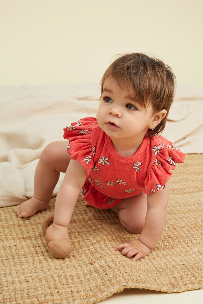 Sproet Daisy Ruffle Terry Romper- Rose Petal