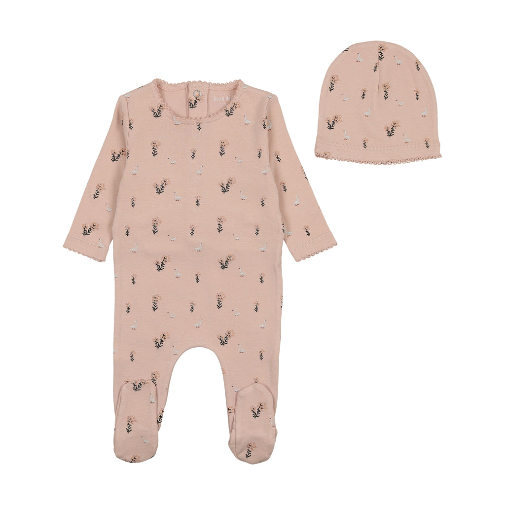 Bee & Dee Swan Print Footie/Beanie-Rose Dust