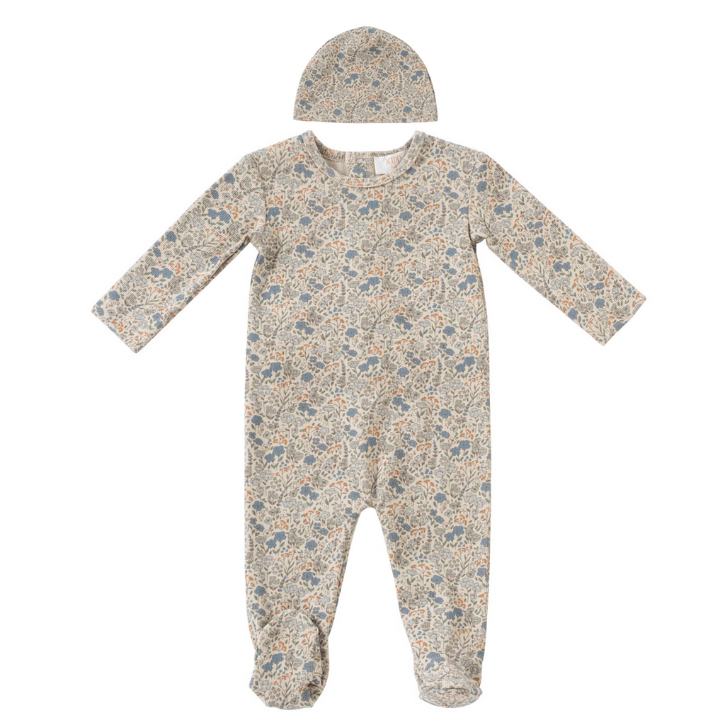 Kipp Floral Footie and Hat Set- Blue