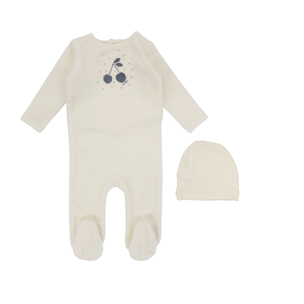 Lilette Cherry Graphic Velour Footie Set- Ivory/Slate