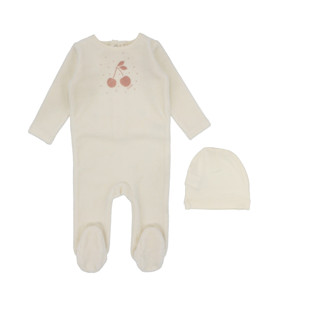 Lilette Cherry Graphic Velour Footie Set- Ivory/Apricot