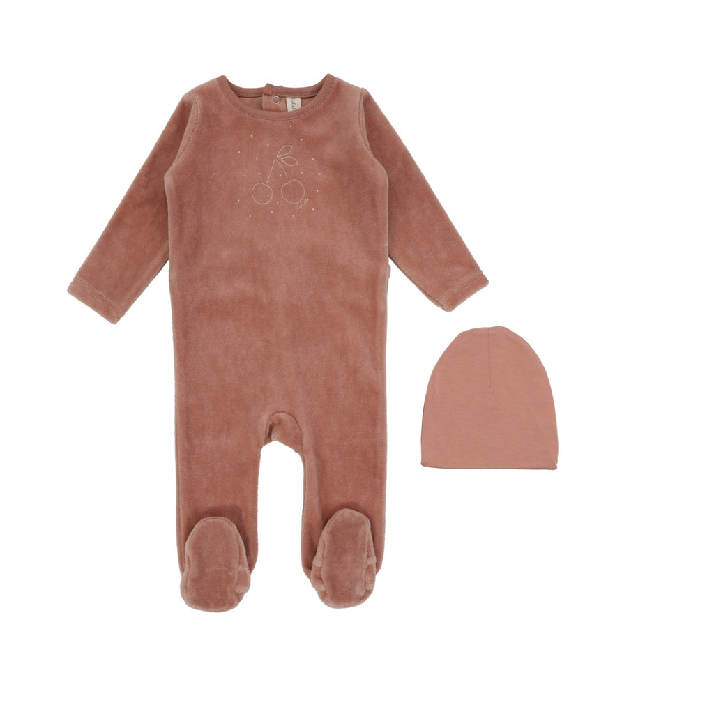 Lilette Cherry Graphic Velour Footie Set- Apricot