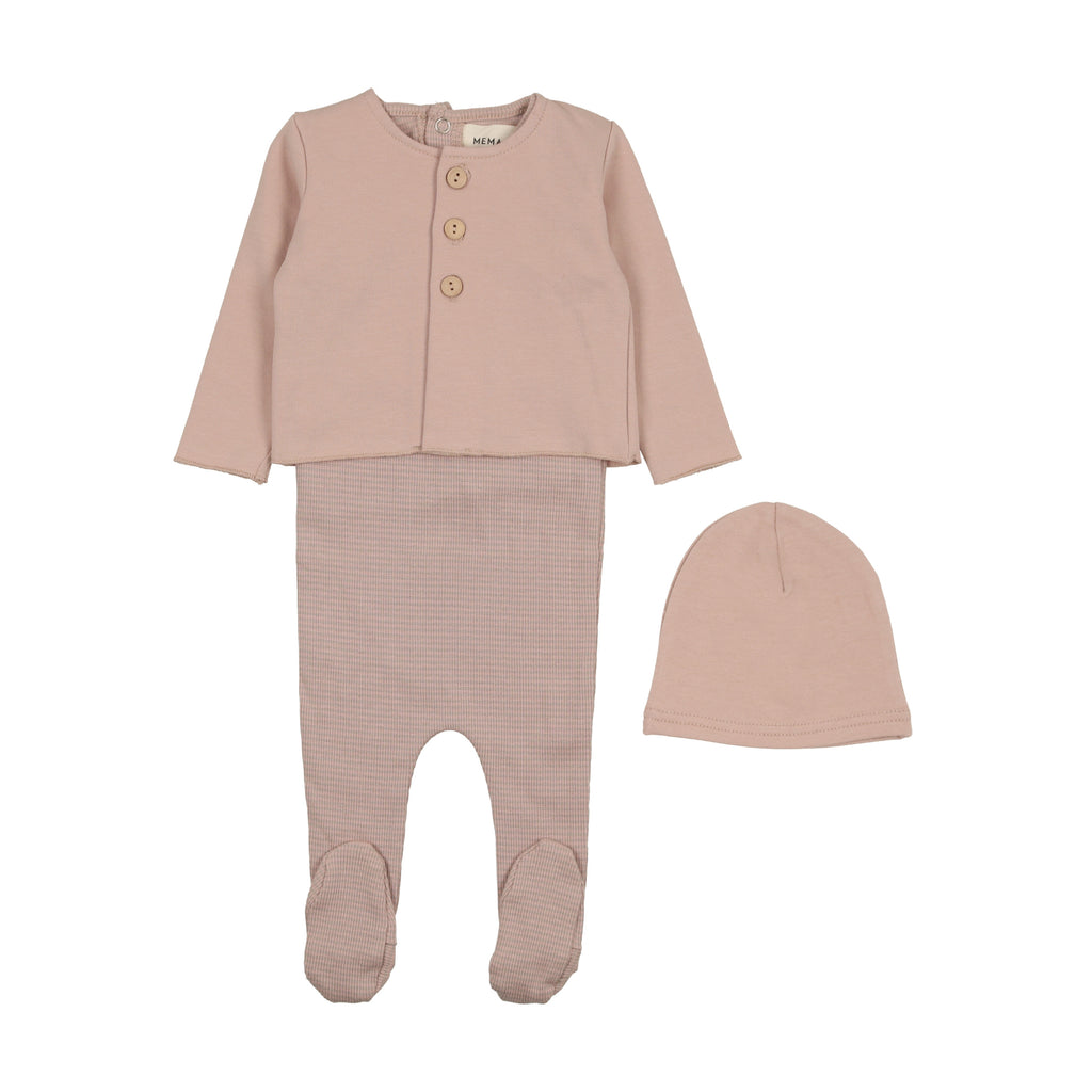 Mema Knits Striped Footie With Cardigan +Beanie-Dusty Pink/Oatmeal