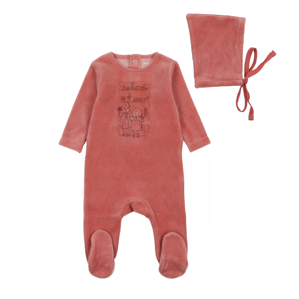 Bee & Dee Velour Window Footie/Bonnet Layette Set-Dark Rose