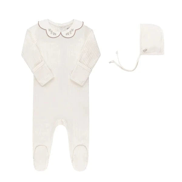 Ely's&Co. footie Jellybeanzkids Elys Cotton Wide Rib Embroidered Footie with Bonnet- Ivory/Pink