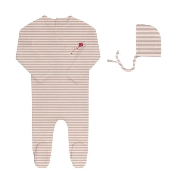 Ely's&Co. footie Jellybeanzkids Elys Organic French Terry Kite Footie With Bonnet- Pink stripes