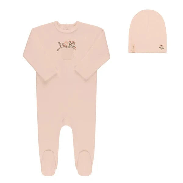 Ely's&Co. footie Jellybeanzkids Elys Velour Pocket Full of Flowers Footie Including Beanie- Pink