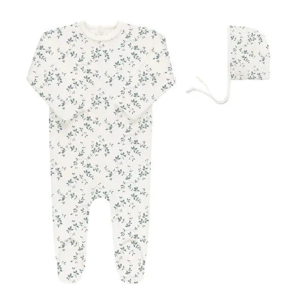 Ely's&Co. footie Jellybeanzkids Elys Velour Vine Pattern Footie With Bonnet-Blue On Ivory